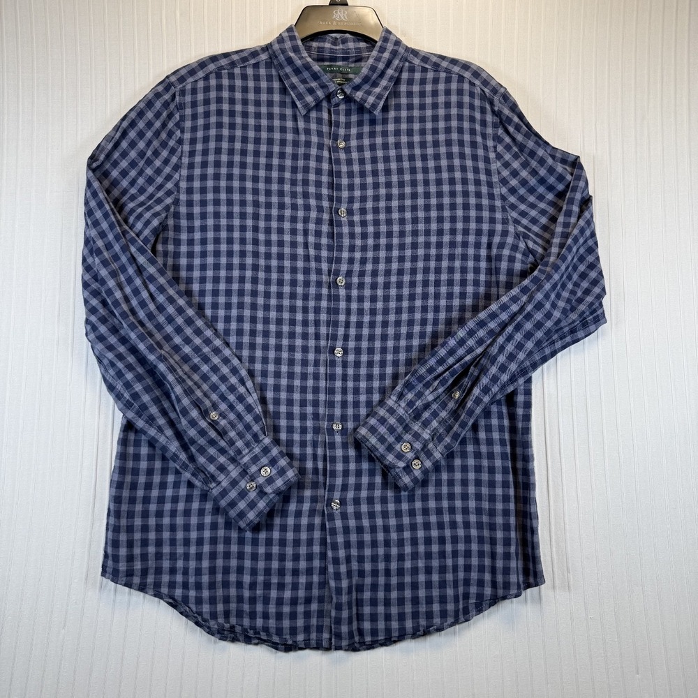Perry‎ Ellis Shirt Men Medium Blue Checked Linen Blend Button Up Long Sleeve
